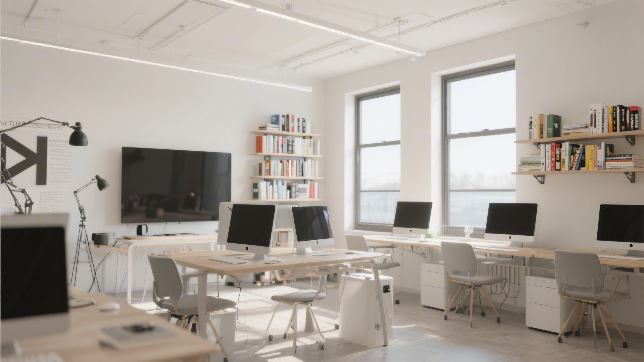 Modern educational studio with design books, large monitors and quiet workspace, minimal furniture, soft light from windows and professional academic atmosphere.