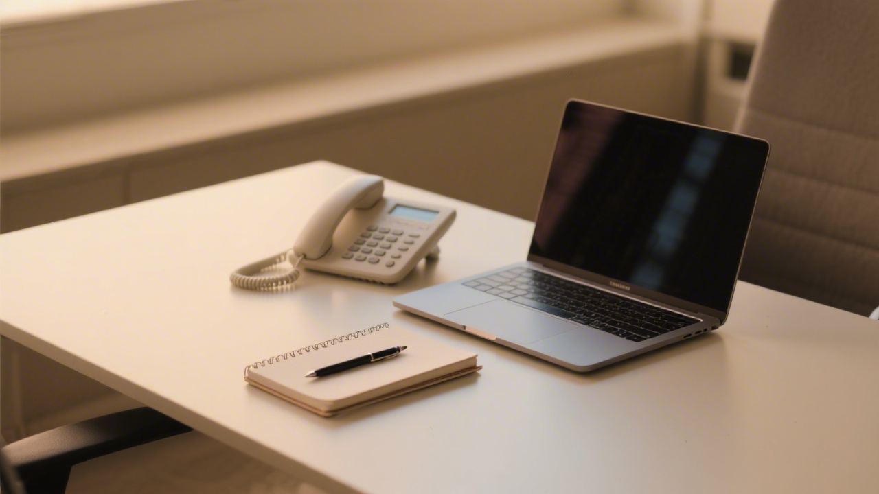 Clean office desk with phone, notebook and pen next to a laptop, warm light and calm professional setting suggesting communication and contact.