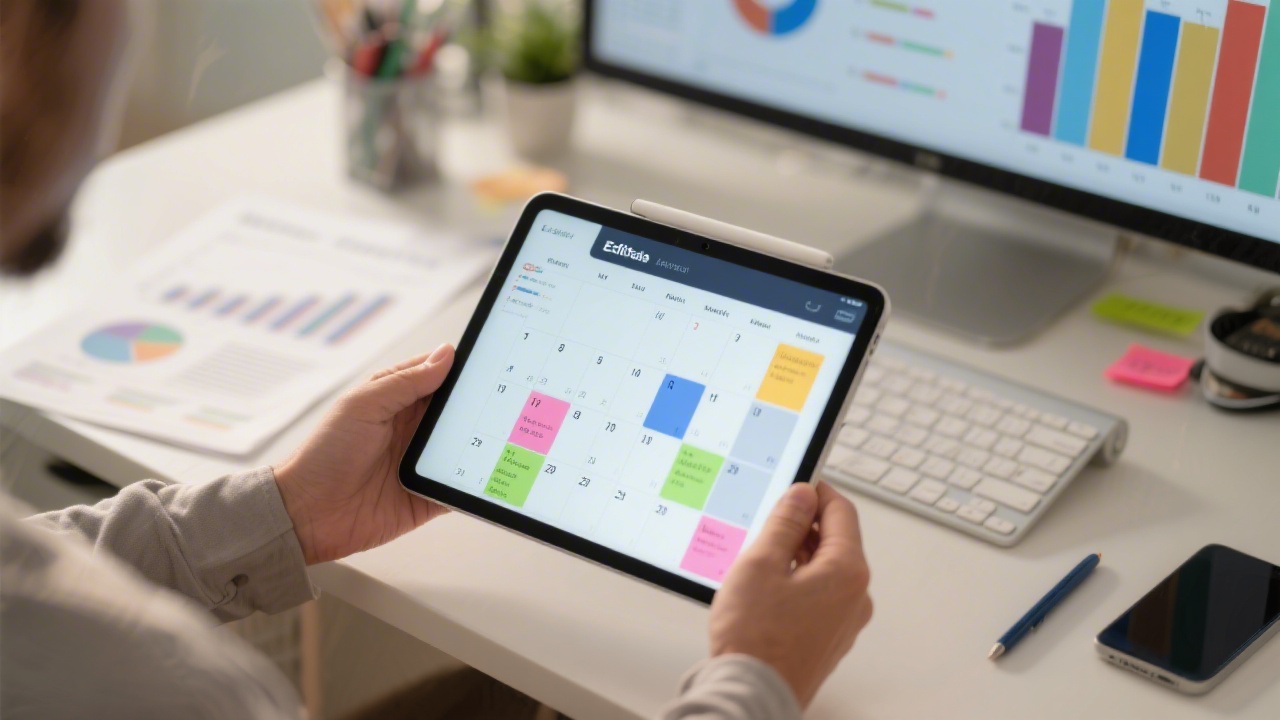 Content marketing planner displaying editorial calendar on tablet with printed analytics and notes, balanced composition with neutral colors and professional workspace.