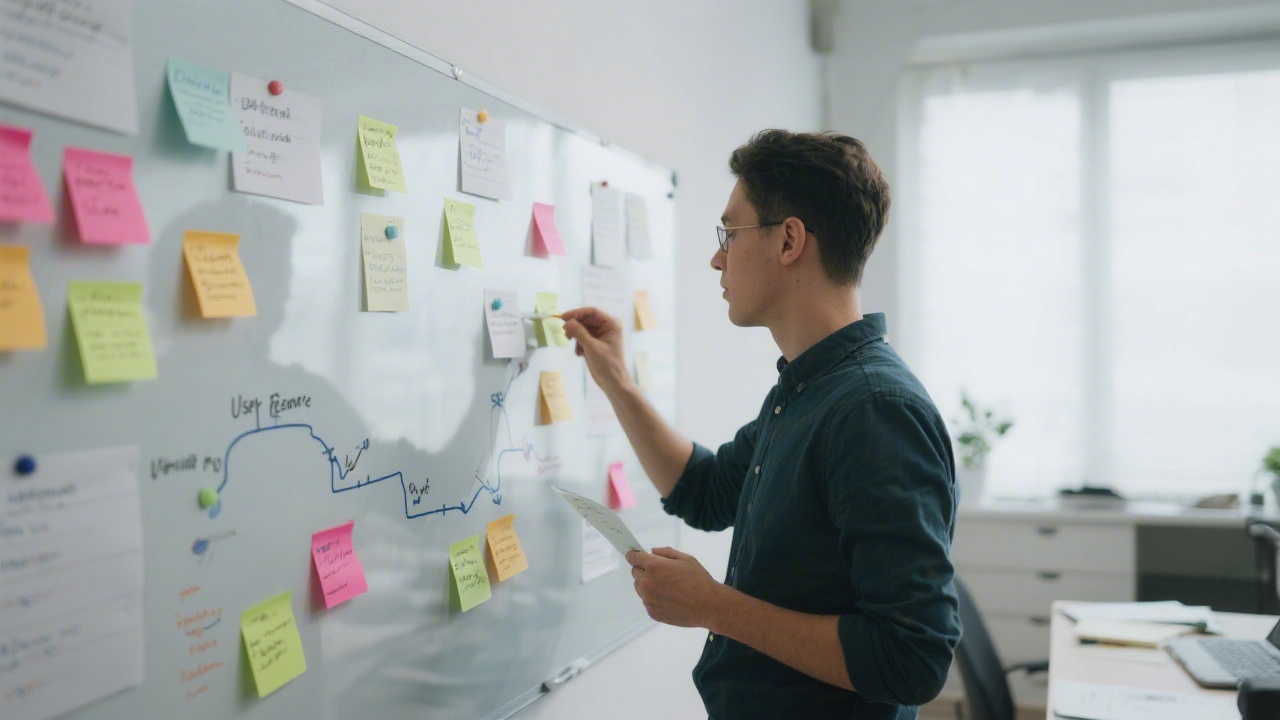 Designer reviewing user research notes with sticky notes and user journey map on a large board, calm professional environment, analytical and structured workflow.