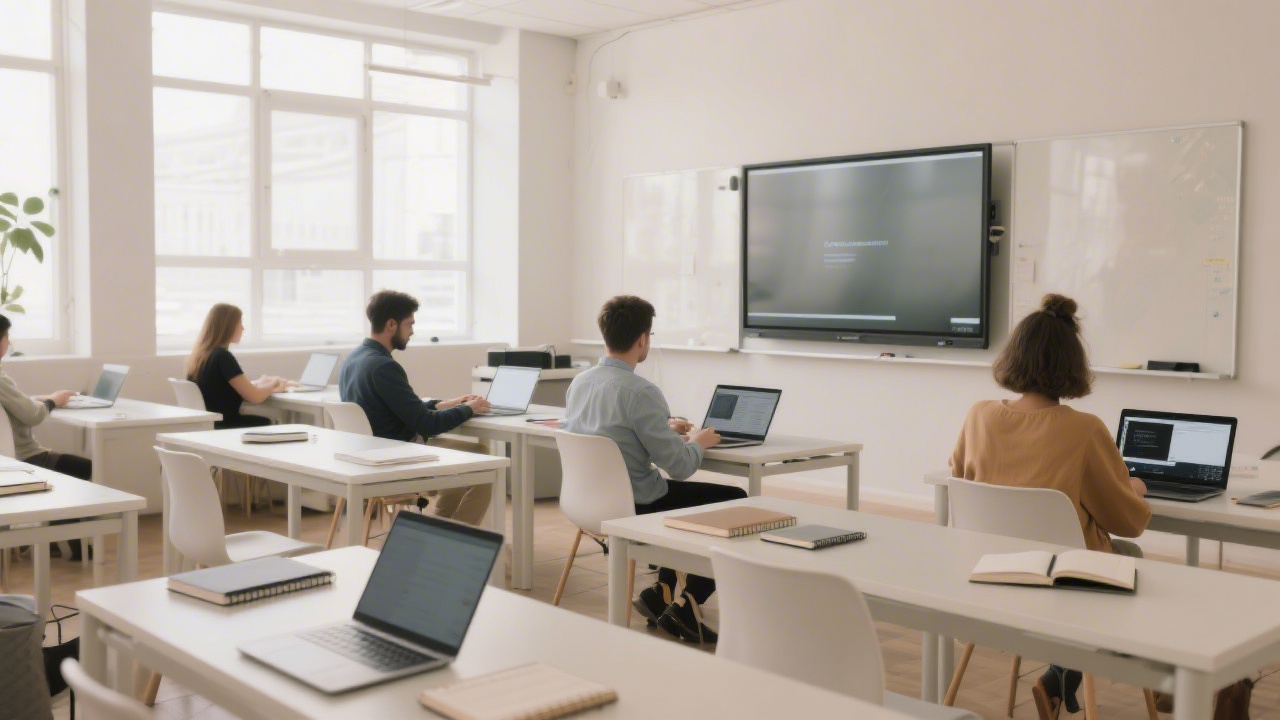 Bright modern classroom with designers working on laptops and large screens, neutral color palette, notebooks on tables, focus on collaborative learning and structured layout.