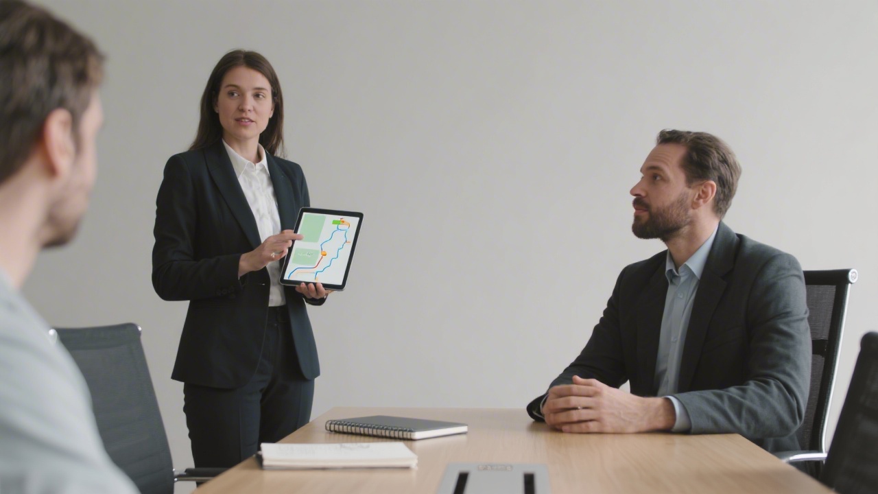 Consultant presenting a structured roadmap on a tablet to a client in meeting room, notebooks on table, neutral background, professional guidance atmosphere.